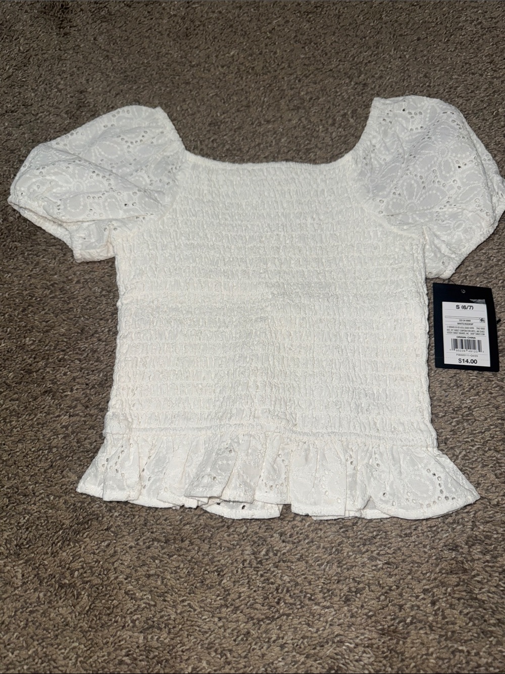 NWT Art Class White Smocked Puff Sleeve Top with Eyelet Ruffle